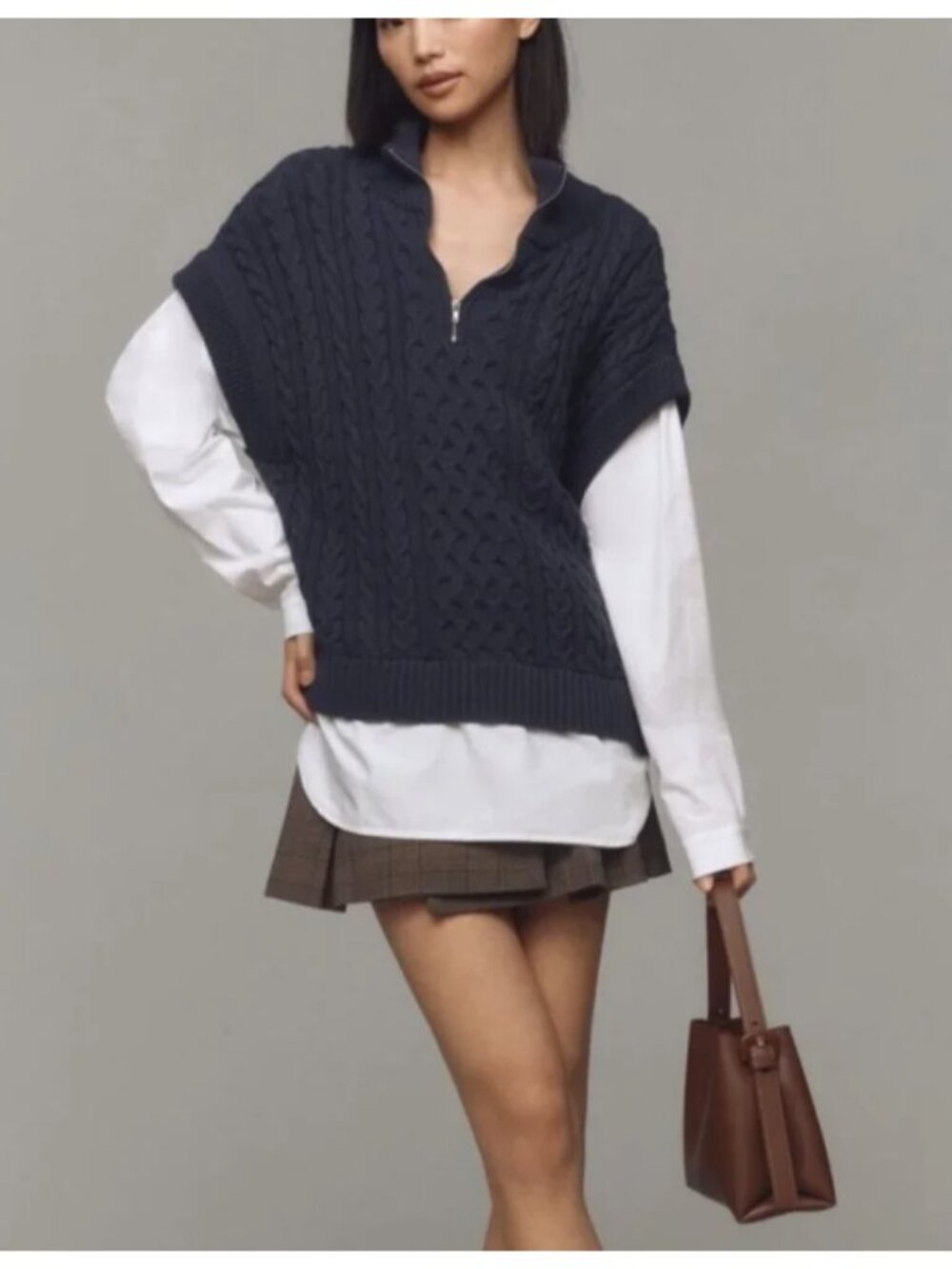 Anthropologie Pilcro Chunky Cable-Knit Twofer Sweater Navy Blue Women's Medium